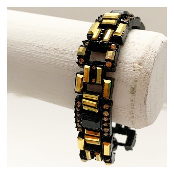 Black enamel and gold and champagne rhinestone art deco style bracelet - Picture 4 of 13